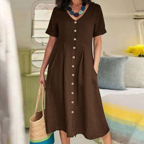 Neues einfarbiges, lockeres Kleid aus Baumwolle und Leinen mit hoher Taille m301192 
