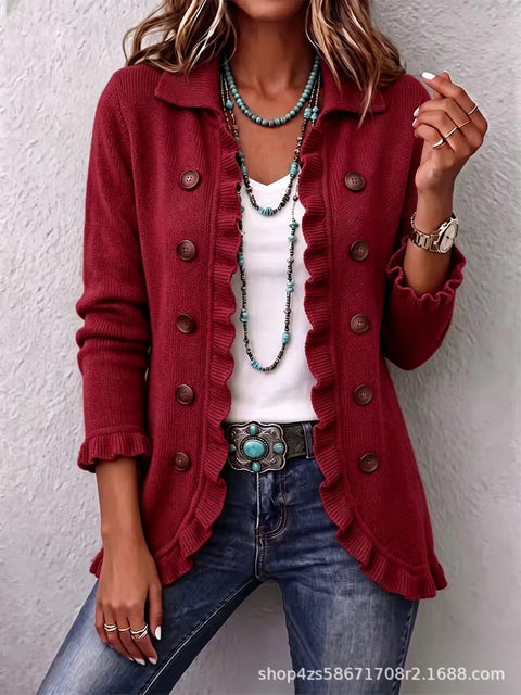 Women's fashion long-sleeved ruffle leaf open button cardigan FF303384 02