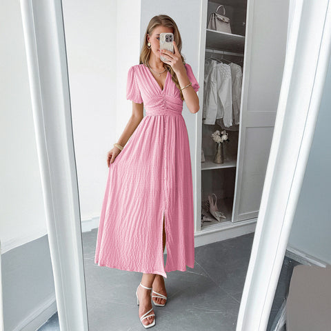 Robe longue à manches courtes et décolleté plongeant en V, style vacances, m301395 