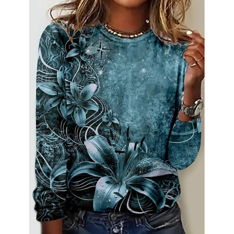 Langarm T-Shirt Damen Einfarbig Blume m300934 