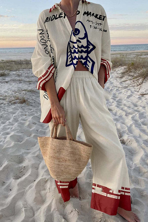 Linglong hemp fish shading casual suit loose sports wide-leg pants marine element casual shirt m303169