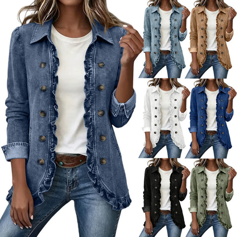 Jacket Edge Button Cardigan Women's Lapel Button Loose Casual Denim Jacket FF303254