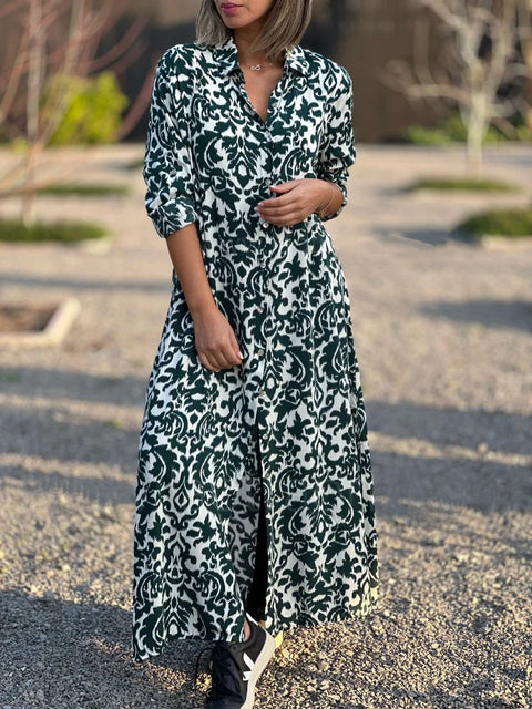 Elegant square neck long sleeve printed shirt skirt dress m302321