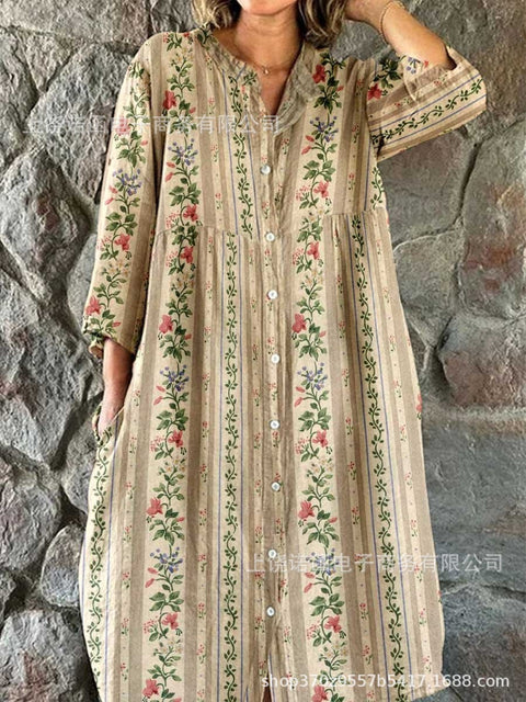Women's Loose Crew Neck Fashion Premium Long Sleeve Printed Shirt Dress m301050