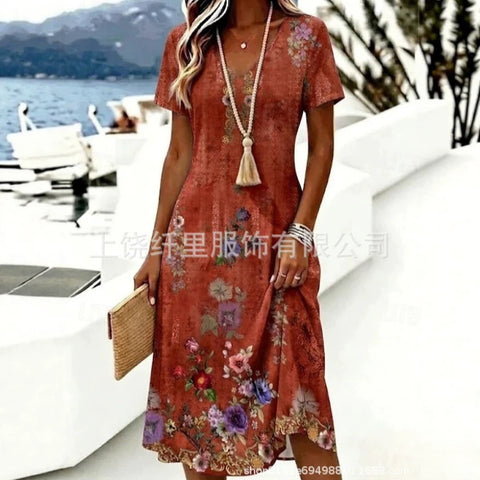 Printed women's v-neck short-sleeved temperament fashion dress m303046