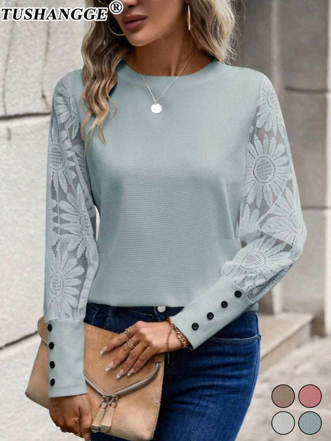 Long Sleeve Embroidered Lace Splicing Waffle Crew Neck Top m302245