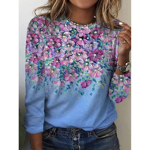 Langarm T-Shirt Damen Einfarbig Blume m300934 