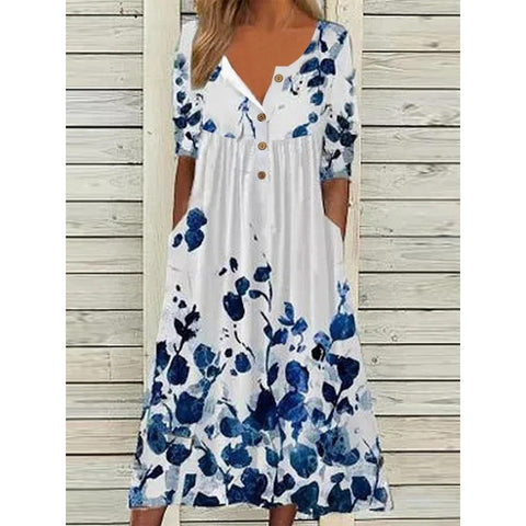 Bedrucktes Kurzarmkleid mit V-Ausschnitt, Knöpfen, Damentaschen und langem Rock m300028 