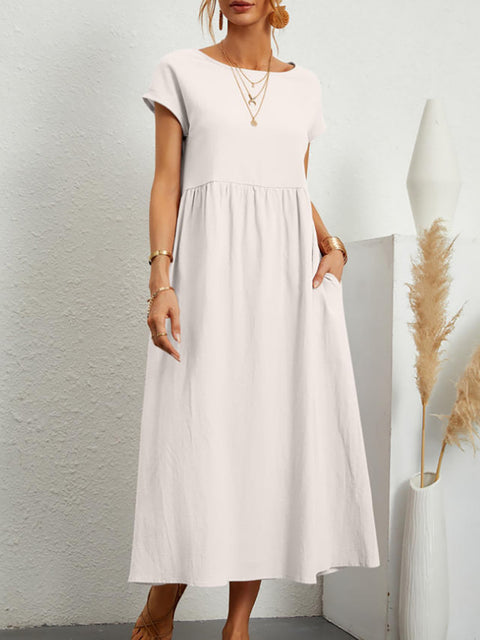 Sleeveless loose cotton and linen pocket dress m301061