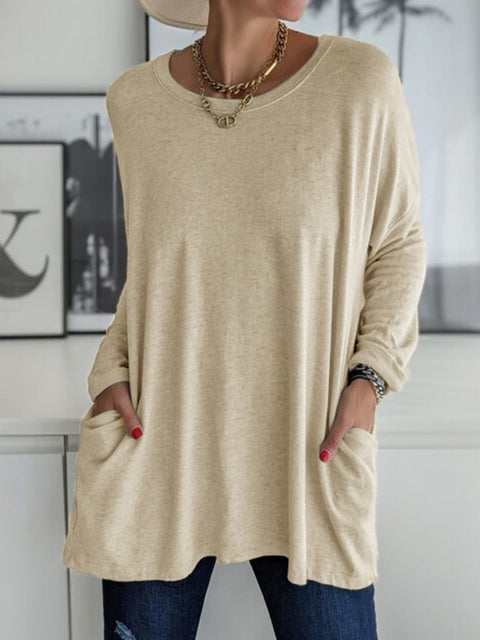 Rundhalsausschnitt Langarm lose Tasche einfarbig T-Shirt lässig Damenbekleidung m301315 