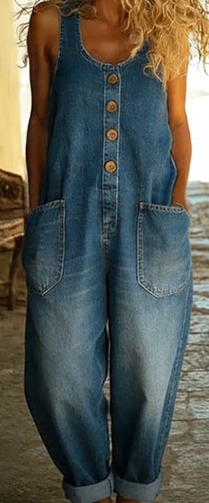 Retro trend wide-leg pants overalls women's sleeveless imitation denim m302436