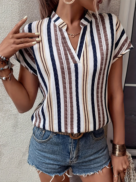 Striped print V-neck bat sleeve shirt T-shirt m302617