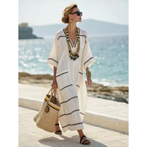 Holiday long striped embroidered dress m302762