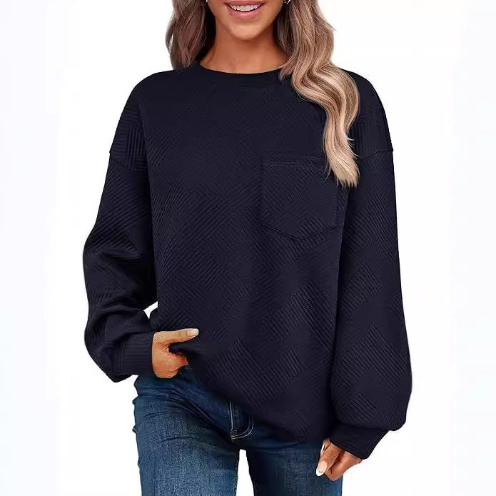 Long Sleeve Solid Color Shoulder Crew Neck Solid Color Sweater Texture ...