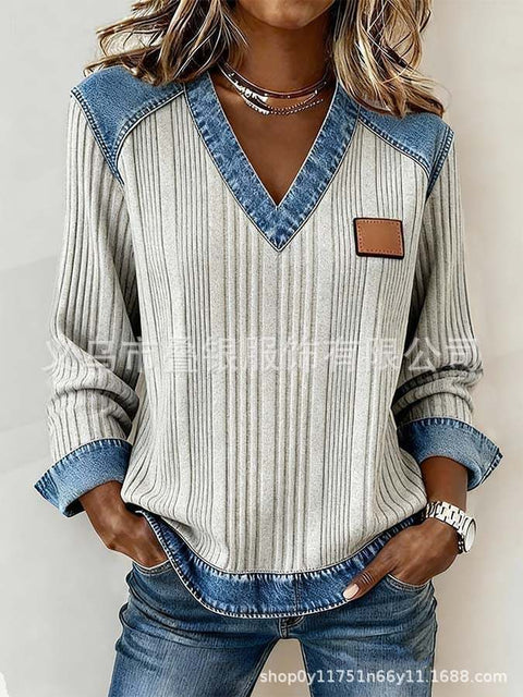 Striped plus imitation denim print full print V-neck casual comfortable fashion sweater FF303262 02