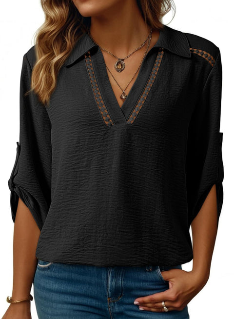 Casual solid color POLO hollow V-neck seven-quarter sleeve versatile women's top m302349