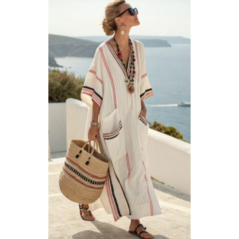 Holiday long striped embroidered dress m302762
