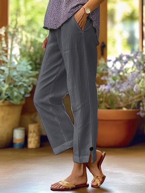 Lose, einfarbige, elastische Taillentasche aus Baumwolle und Leinen für Damen, gerade Freizeithose m301424 