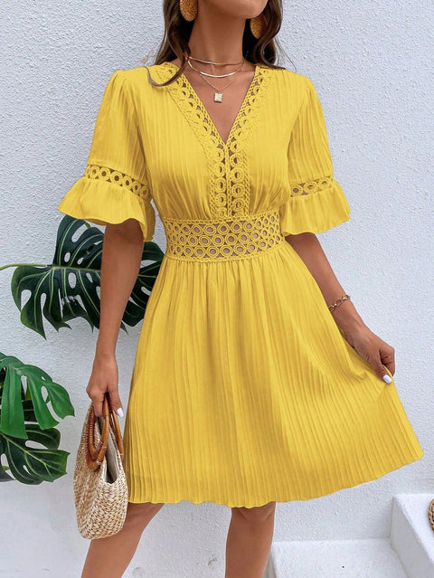 Spleißen spitze mode V-ausschnitt taille einfarbig kleid m300990 