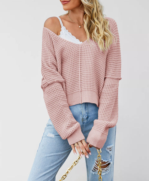 V-neck solid color off-the-shoulder loose hot-selling knitted sweater FF303369