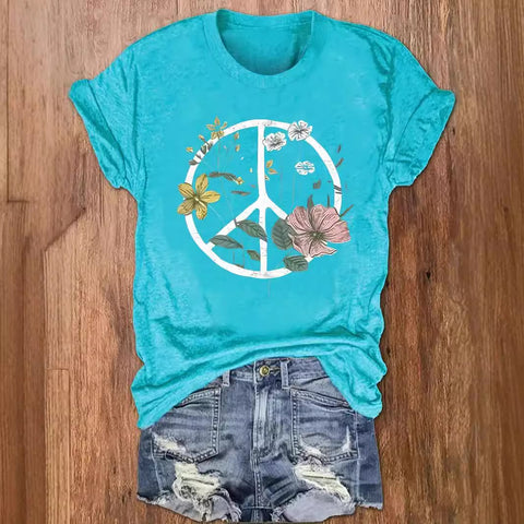 Summer round neck bottoming short sleeve flower print T-shirt women's m300897