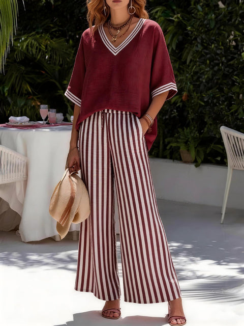 Women's casual striped comfortable loose V-neck two-piece set m302912