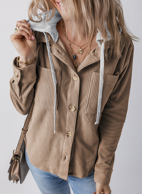 Lapel buckle cardigan purse hooded pull rope striped jacket women m301008