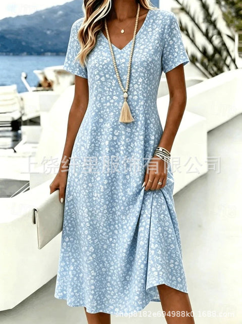 Printed women's v-neck short-sleeved temperament fashion dress m303046