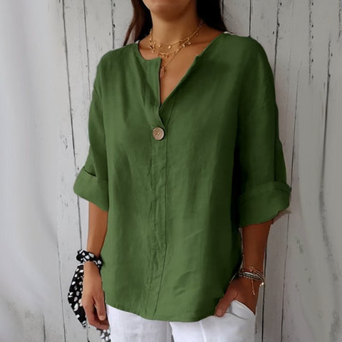 Lockeres T-Shirt Damen V-Ausschnitt Baumwolle und Leinen Button-Up Top m300385 