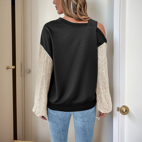 Langarm Pailletten Off-the-Shoulder Pullover Farbe passender Damen m300825 
