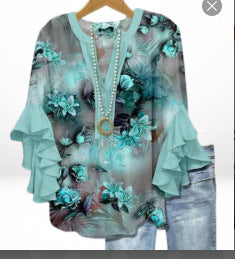 Creative floral element printing digital printing casual trend V-neck lotus edge horn T-shirt m302747