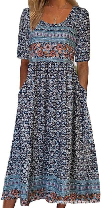 Damen Casual Rundhals Pullover Kurzarm 3D Druck Plissee Taille Swing Langes Kleid m301299 