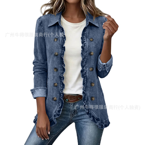 Jacket Edge Button Cardigan Women's Lapel Button Loose Casual Denim Jacket FF303254