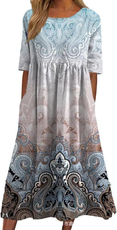 Damen Casual Rundhals Pullover Kurzarm 3D Druck Plissee Taille Swing Langes Kleid m301299 