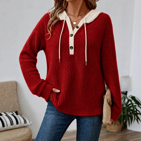 Loose v-neck button-down drawstring hooded casual women's top FF303504