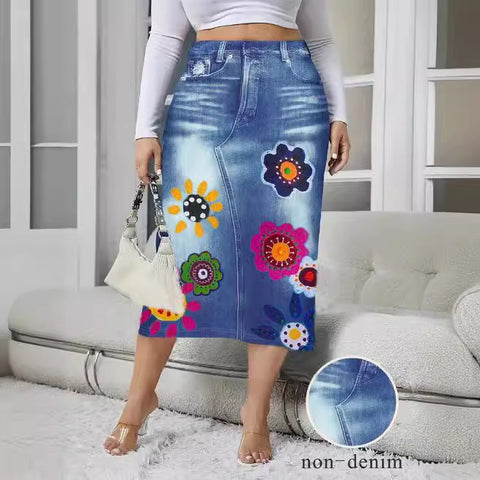 Large size fashion women's clothing imitation denim print flower print hip skirt m302405