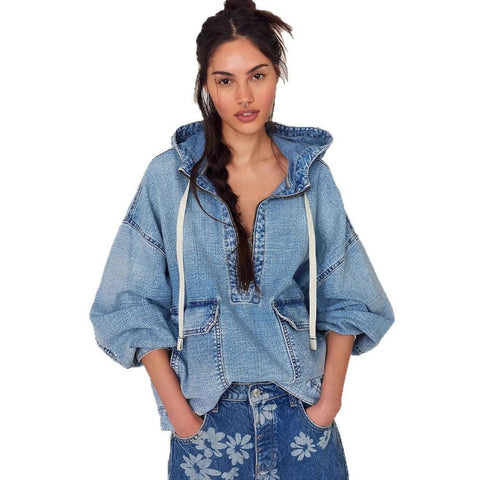 Fashion Loose Casual Wash Hooded Denim Long Sleeve Top FF303253