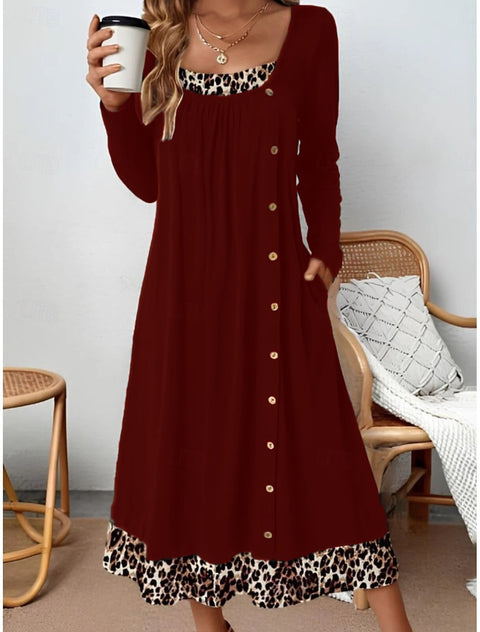 Casual round neck long-sleeved pullover color matching pleated printed jackal pattern button-up m302232