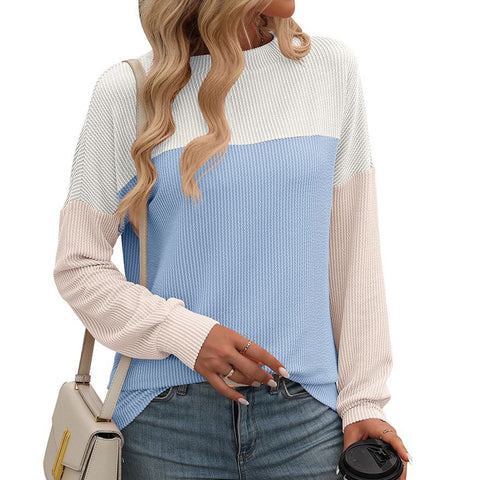 Neues Rundhals-Twist-Streifen-Farben-Matching-Langarm-loses T-Shirt für Damen m300963 