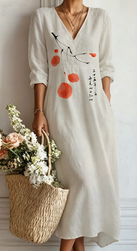 Women's loose V-neck fashion high-end long-sleeved printed collar dress m302766