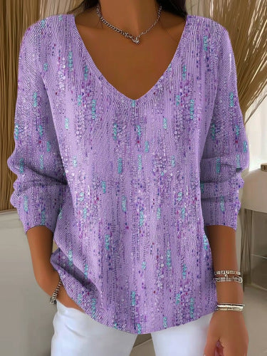 Shoulder V-neck long-sleeved autumn leaf 3D digital printing women's top FF303401