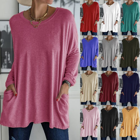Rundhalsausschnitt Langarm lose Tasche einfarbig T-Shirt lässig Damenbekleidung m301315 