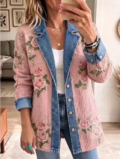 Leopard print denim jacket women's long-sleeved casual cardigan autumn loose jacket FF303339
