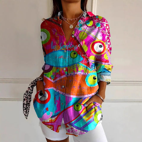 Linglong hemp long shirt women's long-sleeved shirt printing pattern m303195