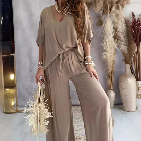 V-neck bat sleeve casual loose wide-leg pants suit women's m302414