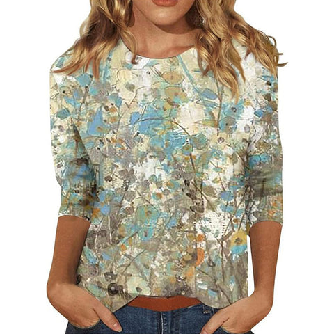 Pull ras du cou à manches sept-quarts et imprimé 3D de fleurs et de plantes m300615 