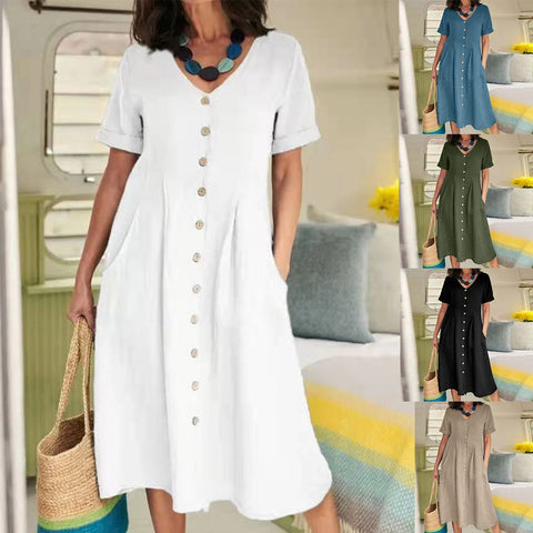 Neues einfarbiges, lockeres Kleid aus Baumwolle und Leinen mit hoher Taille m301192 