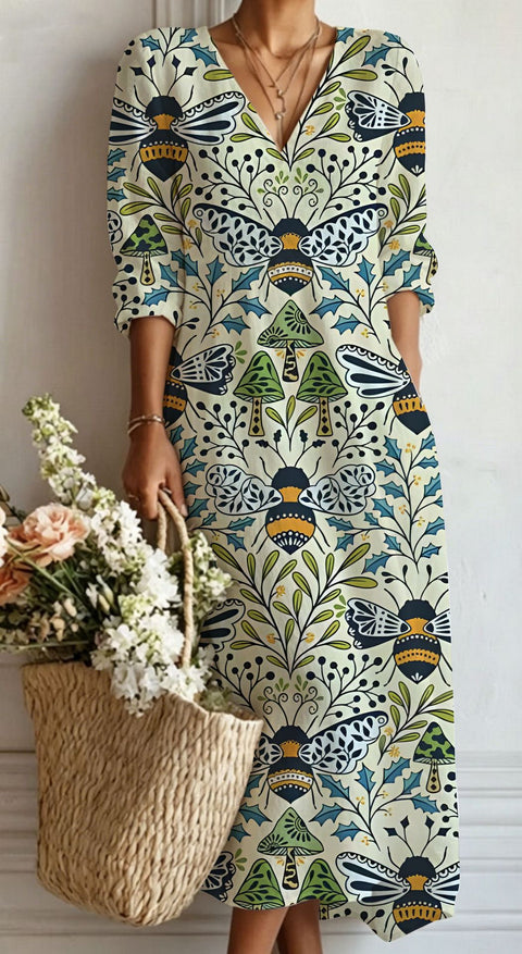 Women's loose V-neck fashion high-end long-sleeved printed collar dress m302766