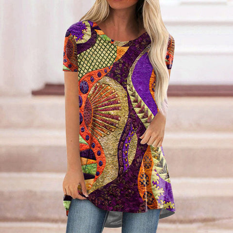 Casual ethnic style retro printed short-sleeved T-shirt m302728