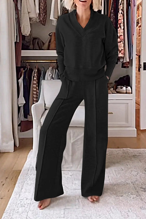 Ensemble deux pièces haut ample à manches longues et col en V et pantalon large m301327 
